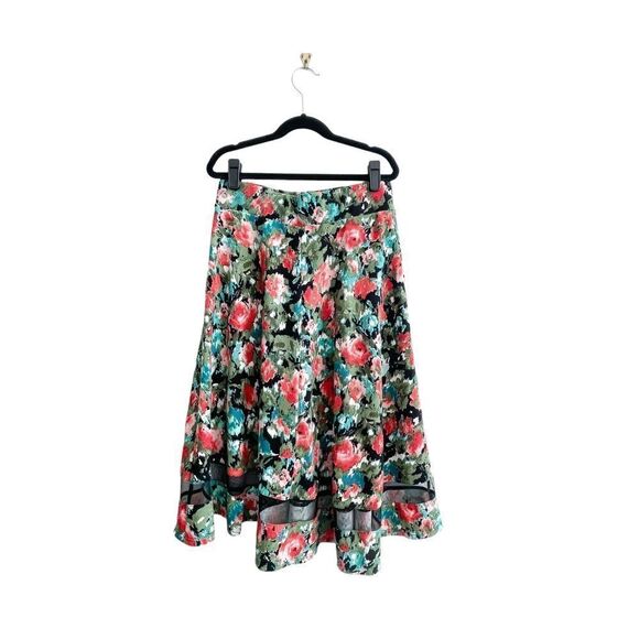 Faith and Joy Floral Midi Skirt Red Rose Sheer Panel Elastic Waist A-Line Size S - Picture 2 of 6